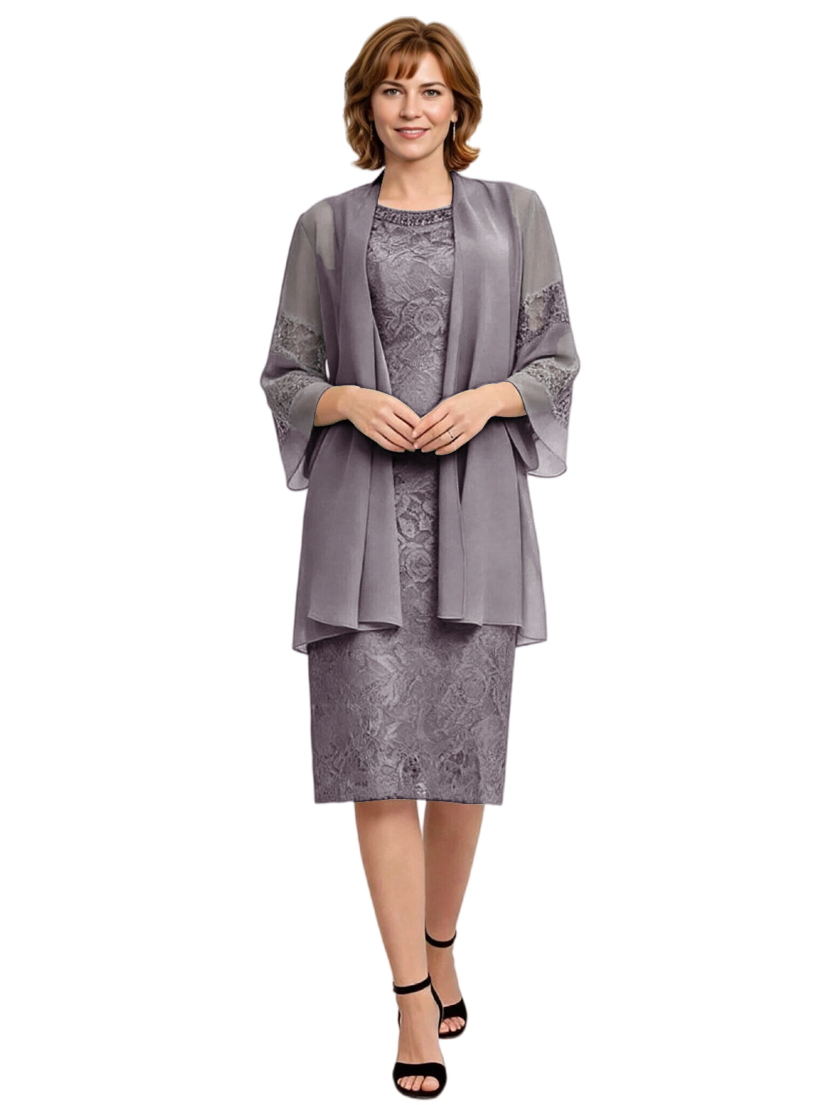 Mother of the Bride Dress with Jacket Knee Length Lace Formal Wedding Guest Outfit