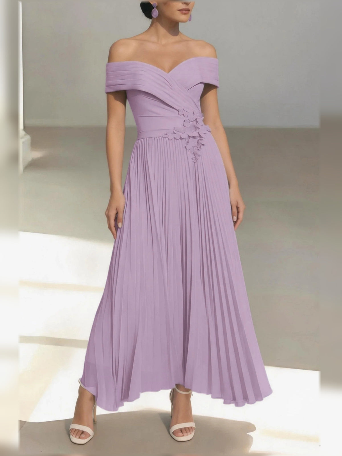 Ruched Pleated Floral One Shoulder A-Line Midi Satin Mother of the Bride Dress for Wedding Dinner
