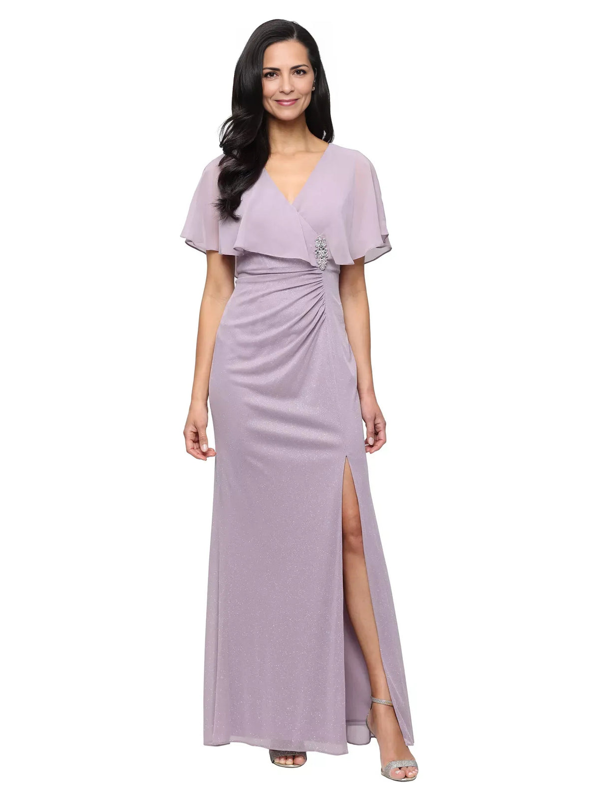 Ruched Draped Slit V Neck Sheath Floor-Length Chiffon Mother of the Bride Dress for Evening Reception