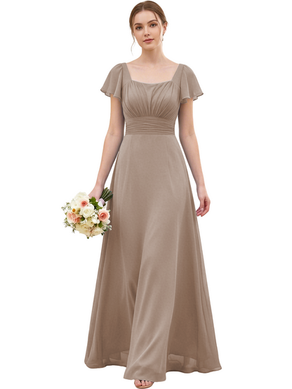 Square Neck Chiffon Bridesmaid Dress with Flutter Sleeves and Lace-Up Back