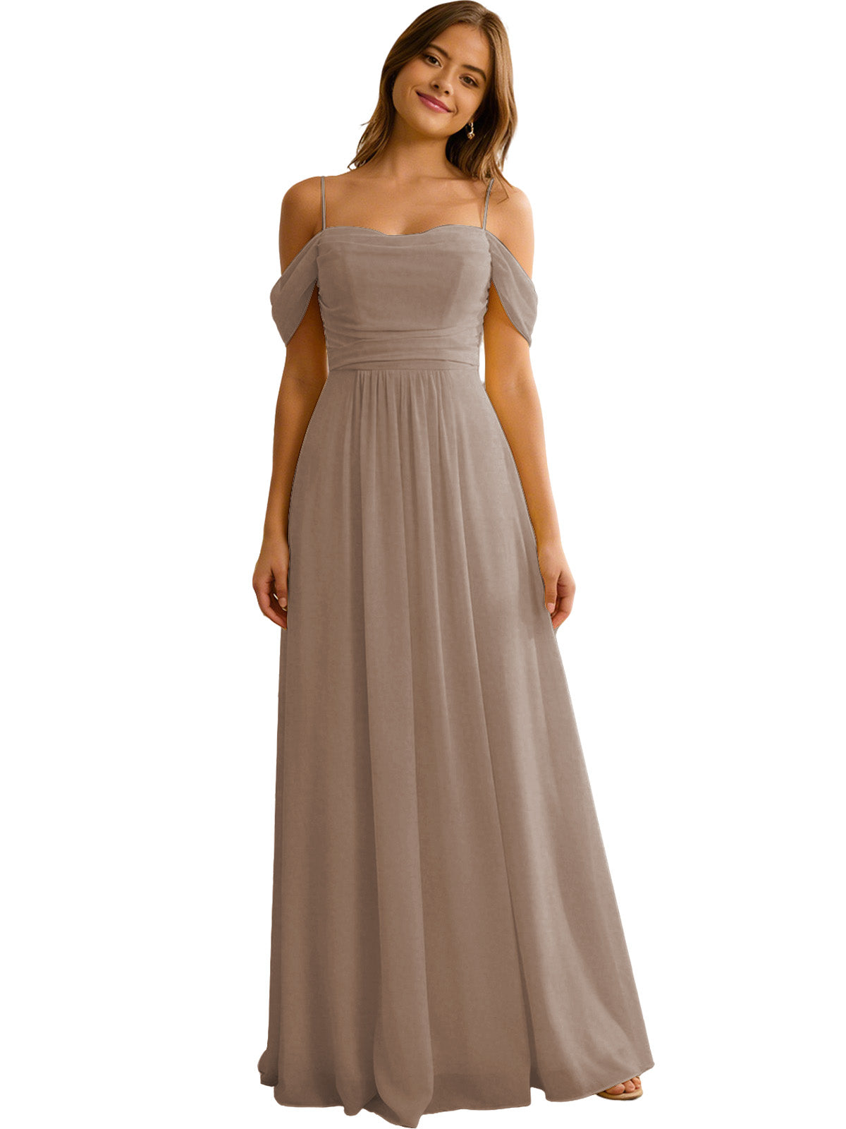 Off Shoulder Chiffon Bridesmaid Dress with Soft Pleated Bodice
