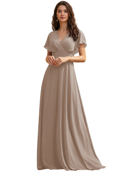 Flutter Sleeve V-Neck Chiffon Bridesmaid Dress with Flowing dress