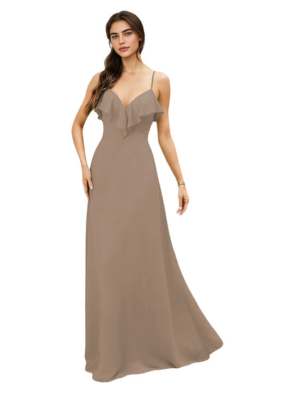 Ruffle V-Neck Chiffon Bridesmaid Dress with Spaghetti Straps