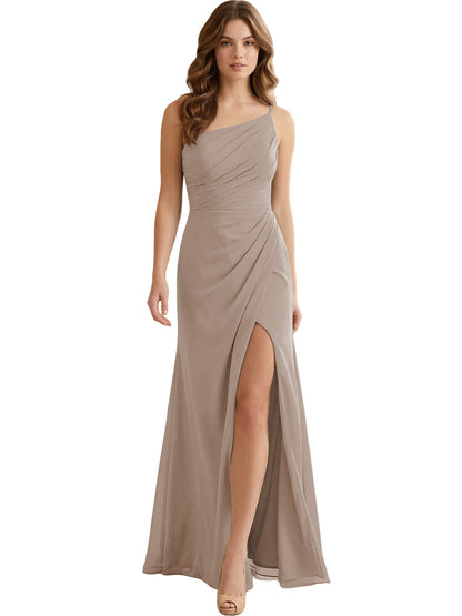 One Shoulder Ruched Chiffon Bridesmaid Dress with Front Slit