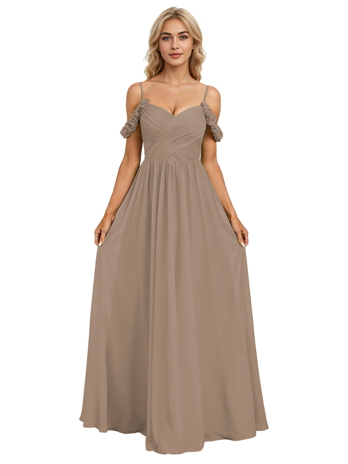 Off Shoulder Lace Applique Bridesmaid Dress with Flowing Chiffon dress