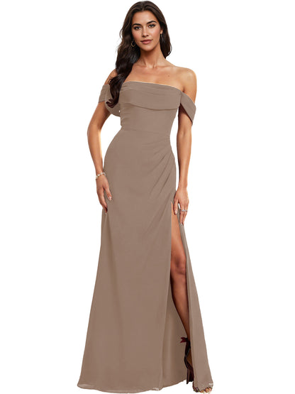 Off Shoulder Crepe Bridesmaid Dress with Foldover Neckline and Slit