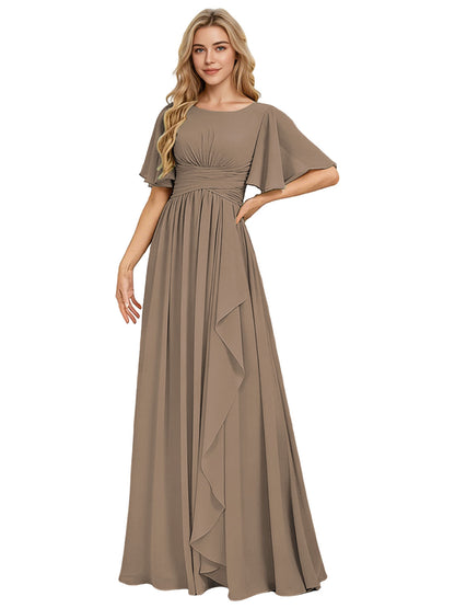 Flutter Sleeve Chiffon Bridesmaid Dress with Tiered Front Ruffle