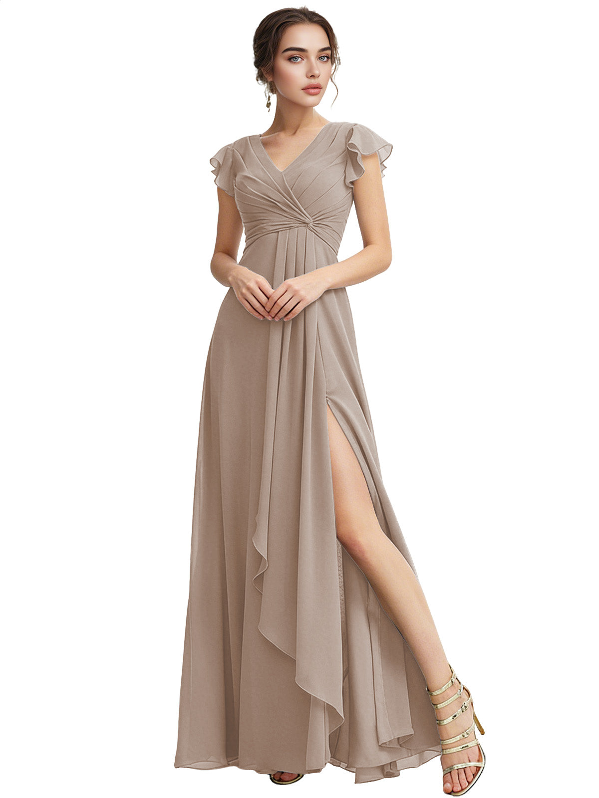 Cap Sleeve Chiffon Bridesmaid Dress with Ruffle V-Neck and Slit