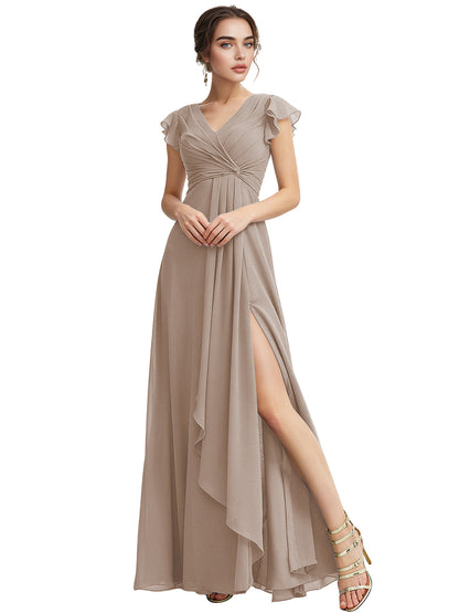 Cap Sleeve Chiffon Bridesmaid Dress with Ruffle V-Neck and Slit