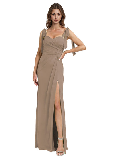Tie Strap Chiffon Bridesmaid Dress with Square Neck and High Slit