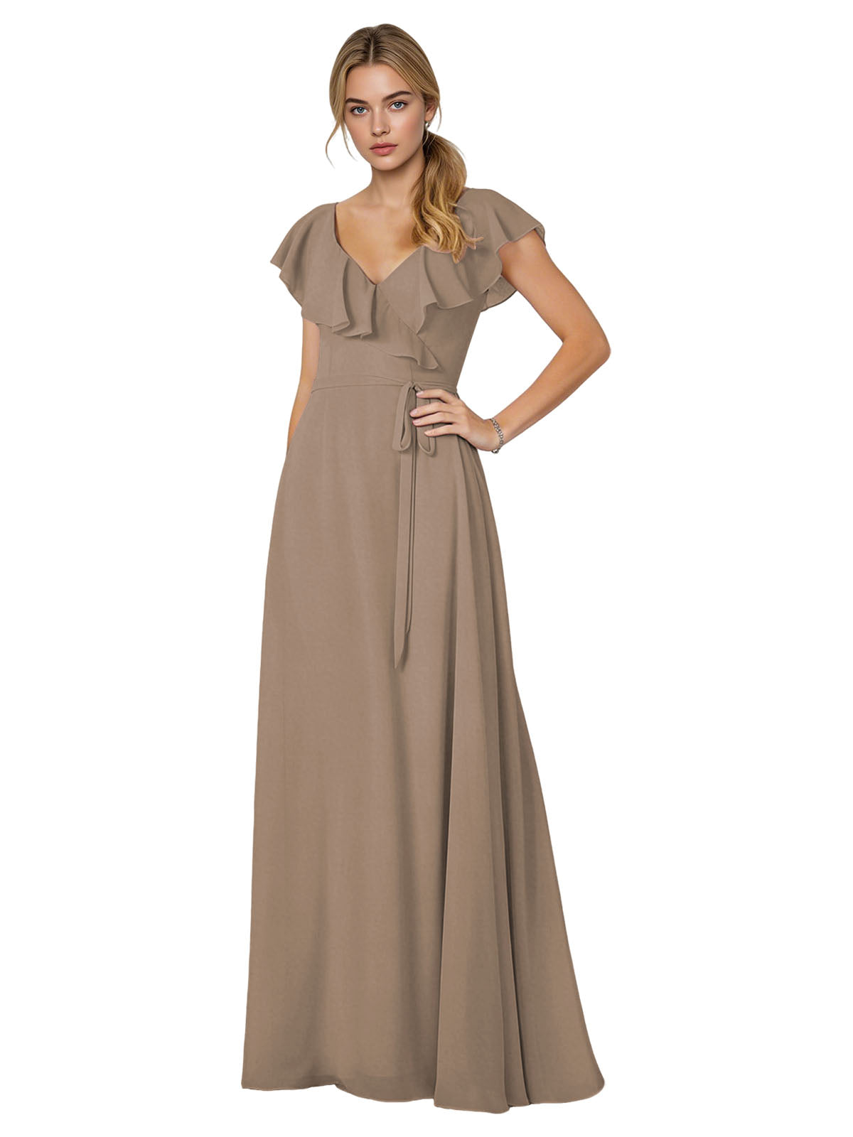 Tie Neck Chiffon Bridesmaid Dress with Flutter Sleeves