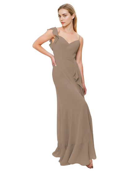 V-Neck Ruffle Strap Bridesmaid Dress with Cascading Chiffon Dress
