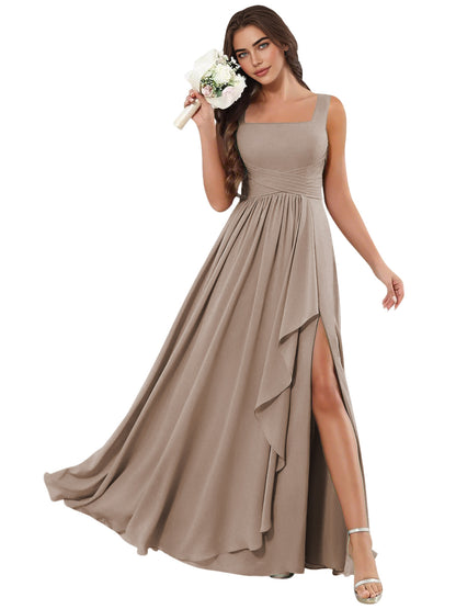 Square Neck Chiffon Bridesmaid Dress with Corset Back and Slit