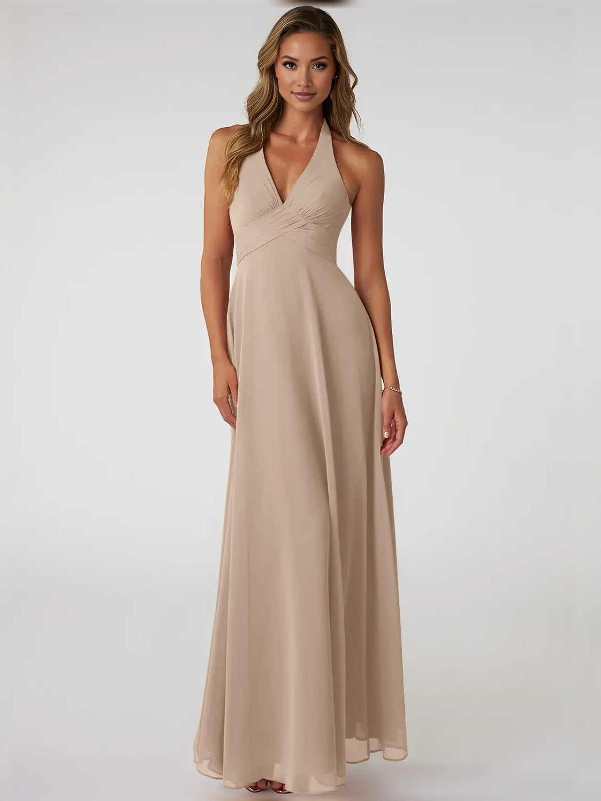 Ruched Pleated V Neck A-Line Maxi Chiffon Bridesmaid Dress for Estate Wedding