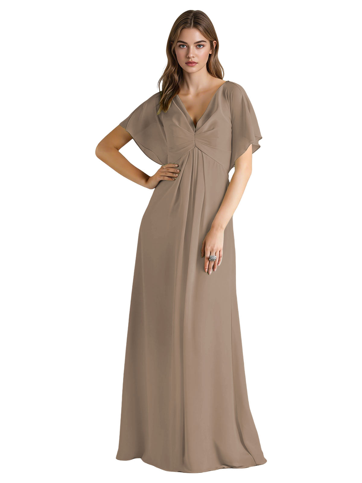 Short Sleeve V-Neck Chiffon Bridesmaid Dress with Gathered Waist