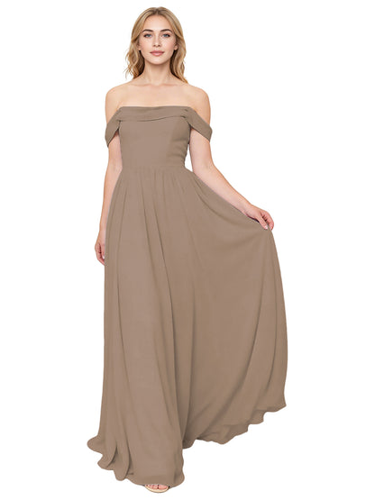 Off Shoulder Pleated Chiffon Bridesmaid Dress with Flowing A-Line Dress
