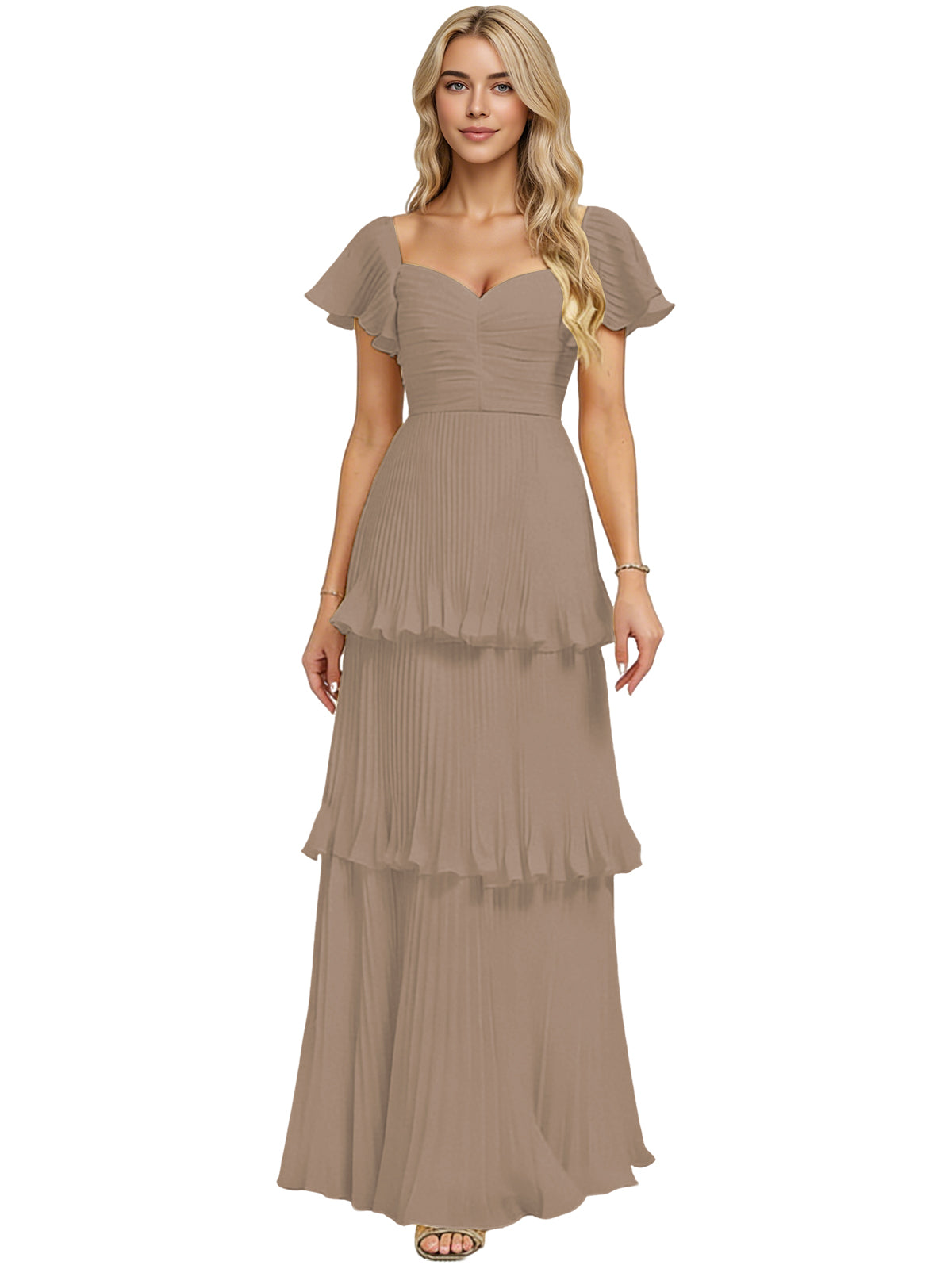 Tiered Ruffle Chiffon Bridesmaid Dress with Sweetheart Neckline