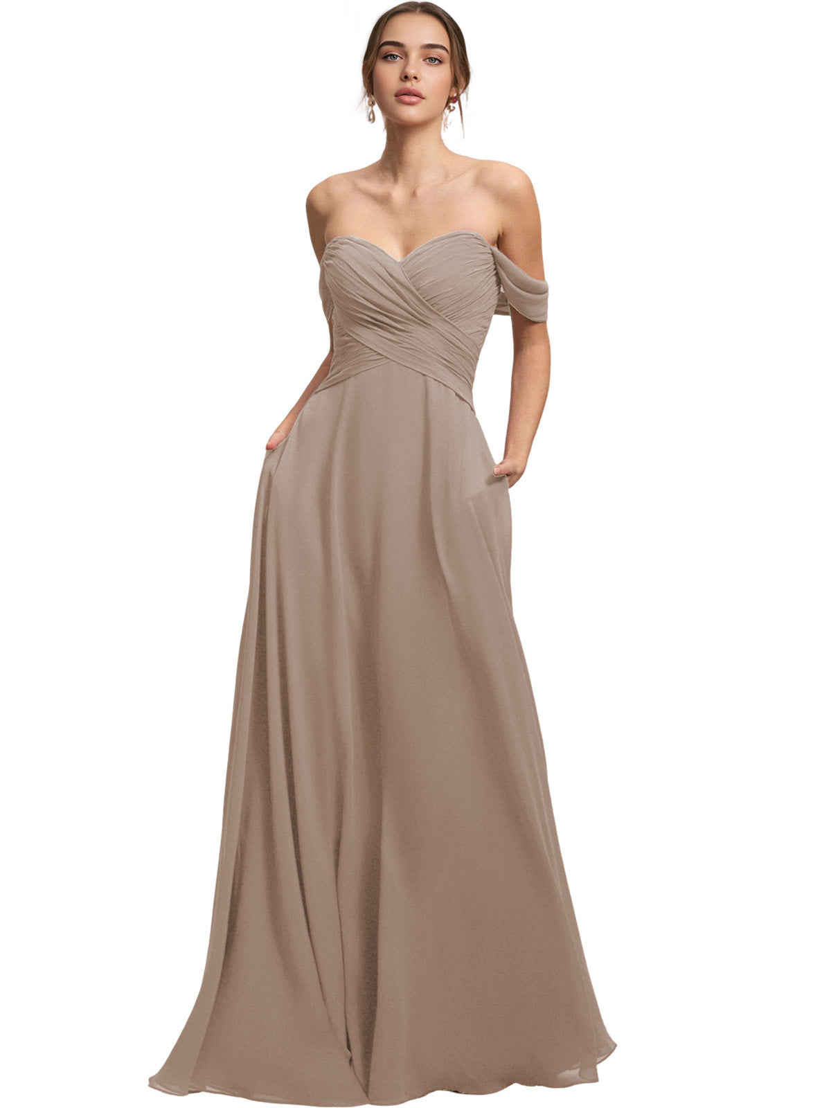 Off Shoulder Chiffon Bridesmaid Dress with Draped Bodice and A-Line Dress