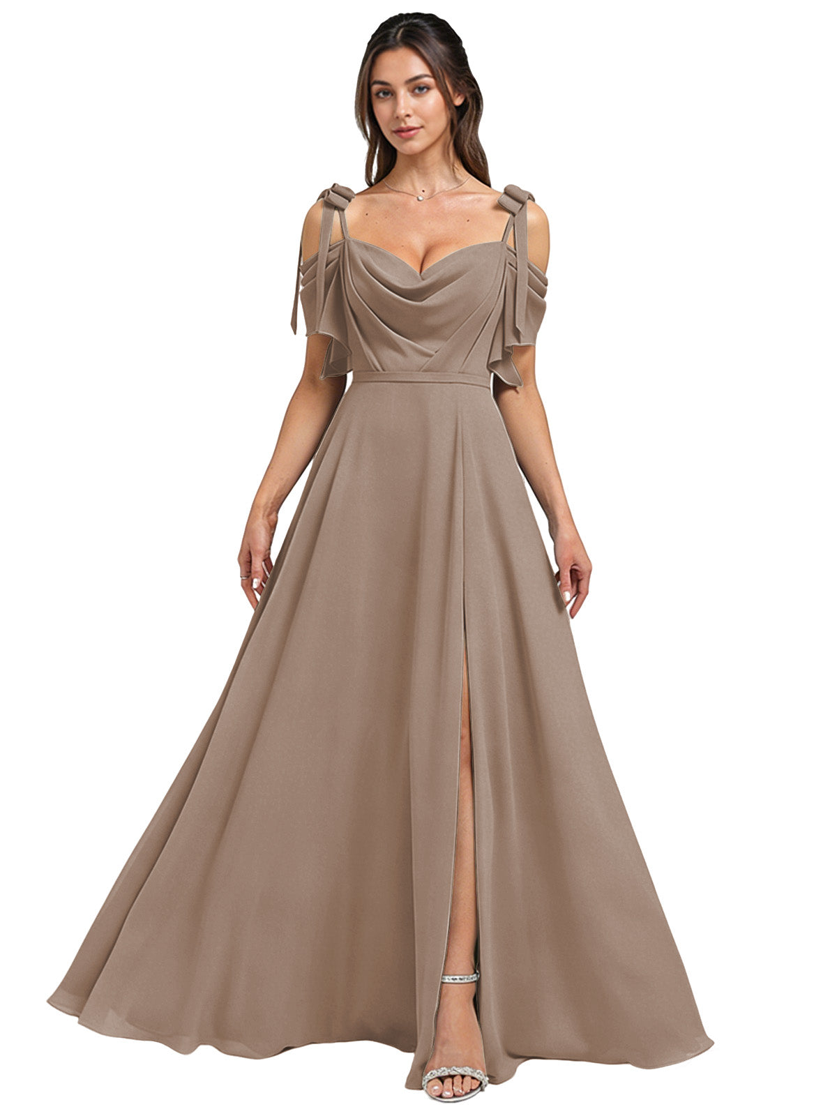 Cowl Neck Cold Shoulder Bridesmaid Dress with High Slit Chiffon Dress