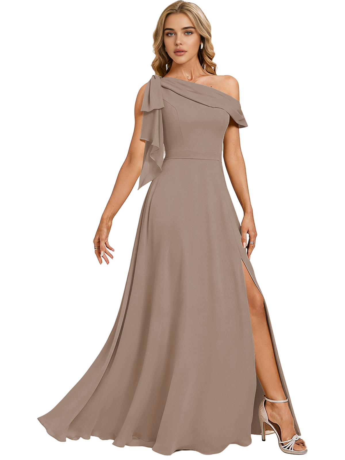 Asymmetric Off Shoulder Bridesmaid Dress with Draped Sleeve and Slit
