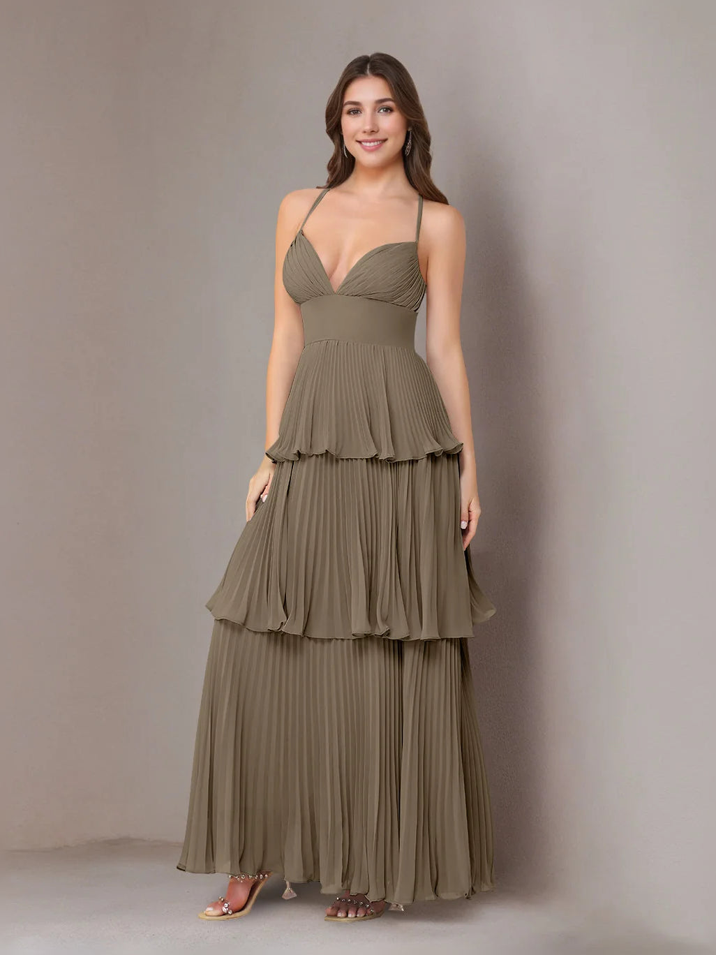 Pleated Tiered Ruffled V Neck A-Line Maxi Chiffon Bridesmaid Dress for Formal Wedding