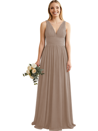 Deep V-Neck Chiffon Bridesmaid Dress with Pleated Waist