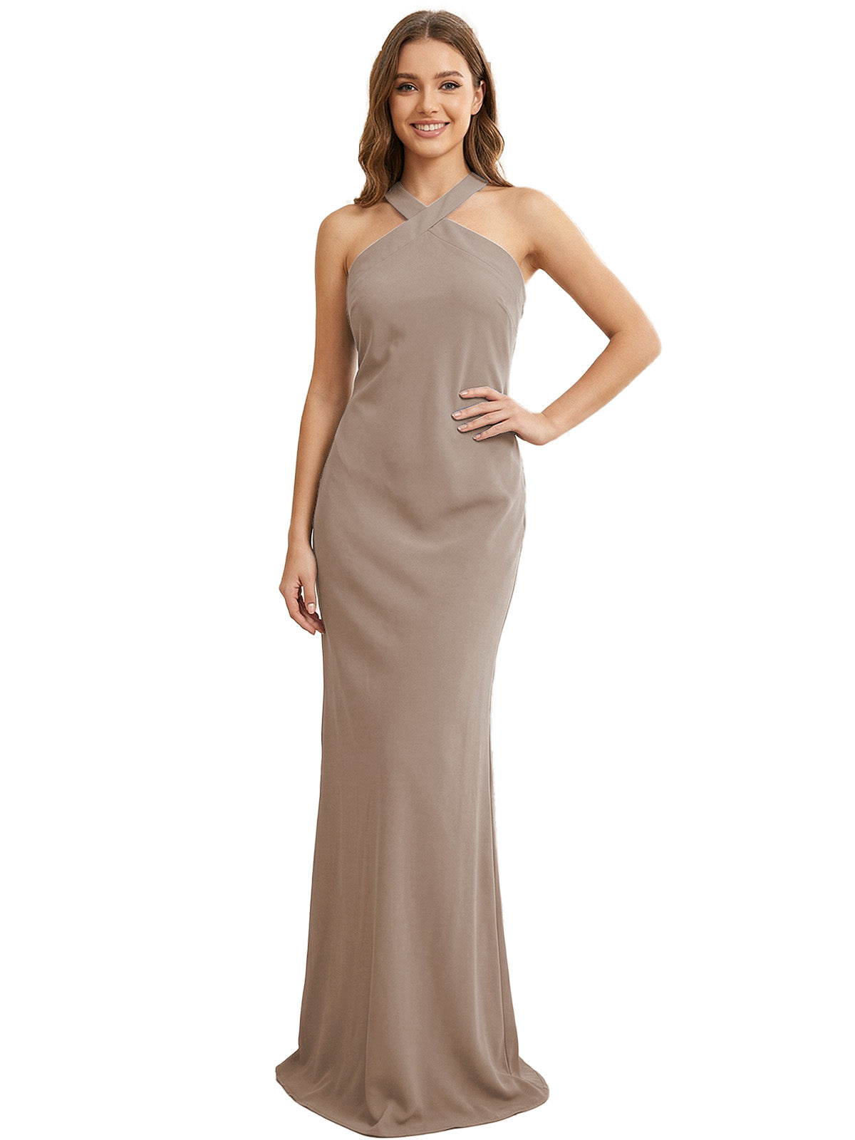 High Neck Halter Bridesmaid Dress with Sleek Column Silhouette