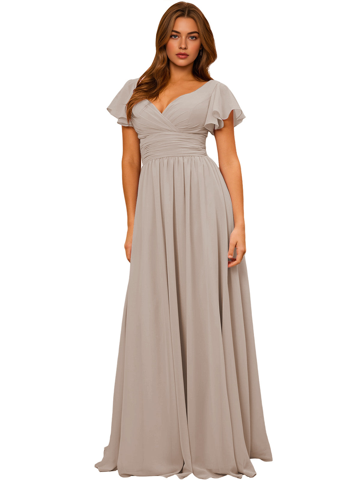 V-Neck Flutter Sleeve Chiffon Bridesmaid Dress with Empire Waist
