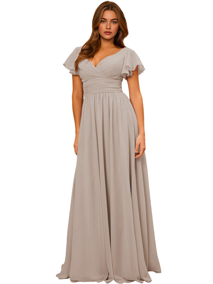 V-Neck Flutter Sleeve Chiffon Bridesmaid Dress with Empire Waist