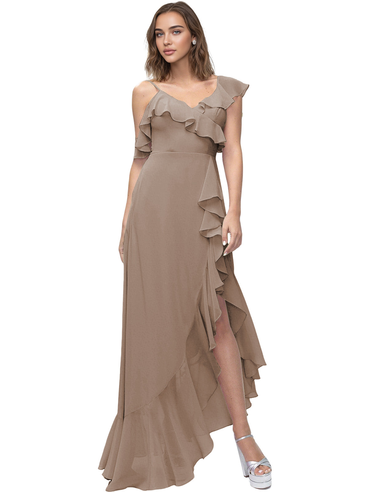 Asymmetrical Ruffle Chiffon Bridesmaid Dress with High Low Slit