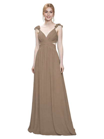 Ruffle Strap V-Neck Tulle Bridesmaid Dress with Pleated Waist