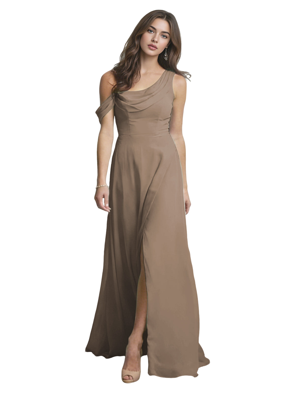 One Shoulder Satin Bridesmaid Dress with Draped Neckline and Slit