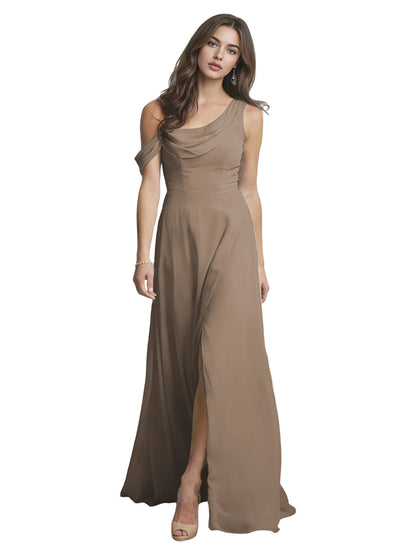 One Shoulder Satin Bridesmaid Dress with Draped Neckline and Slit