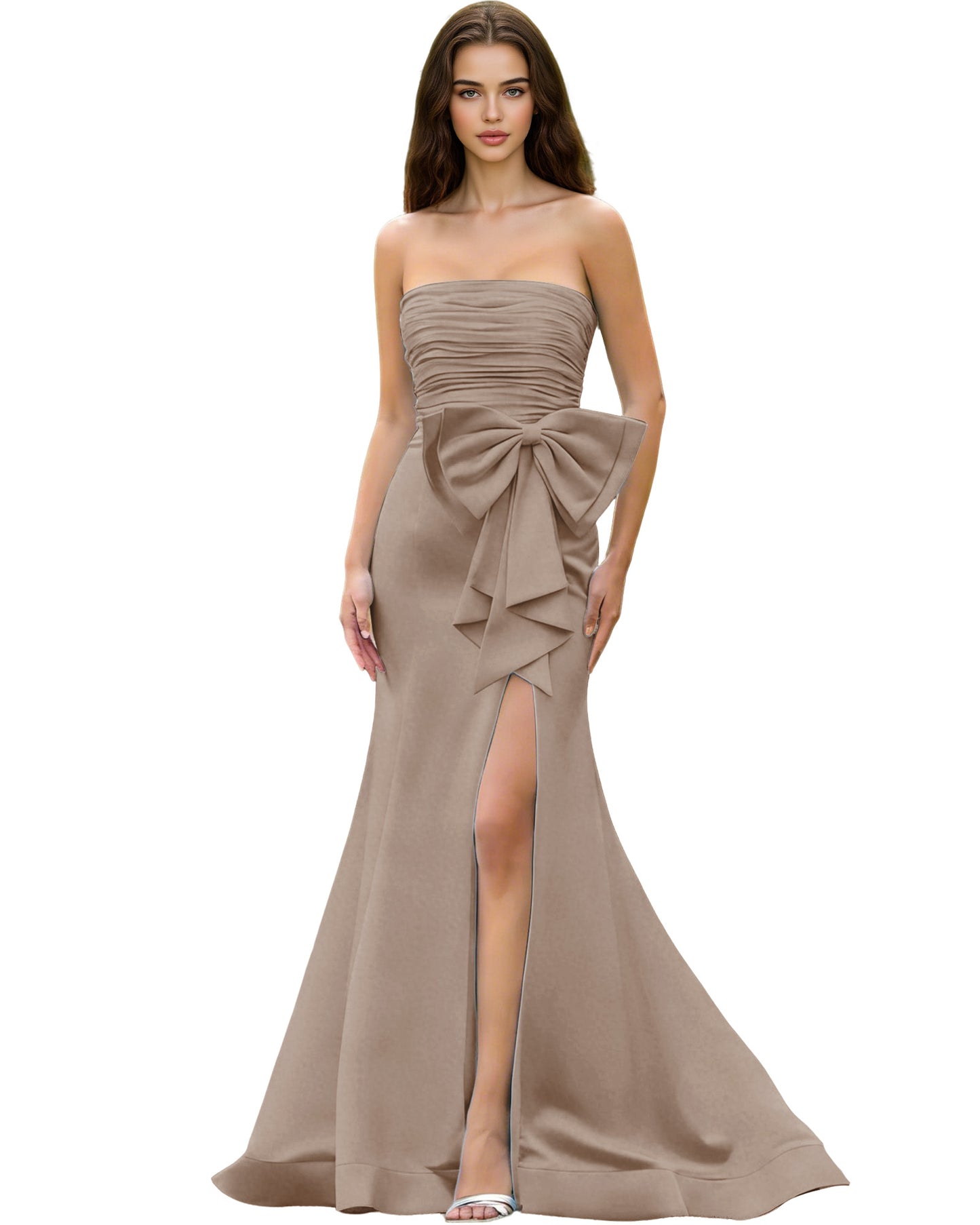 Strapless Bow Detail Satin Prom Dress with Ruched Bodice and Slit