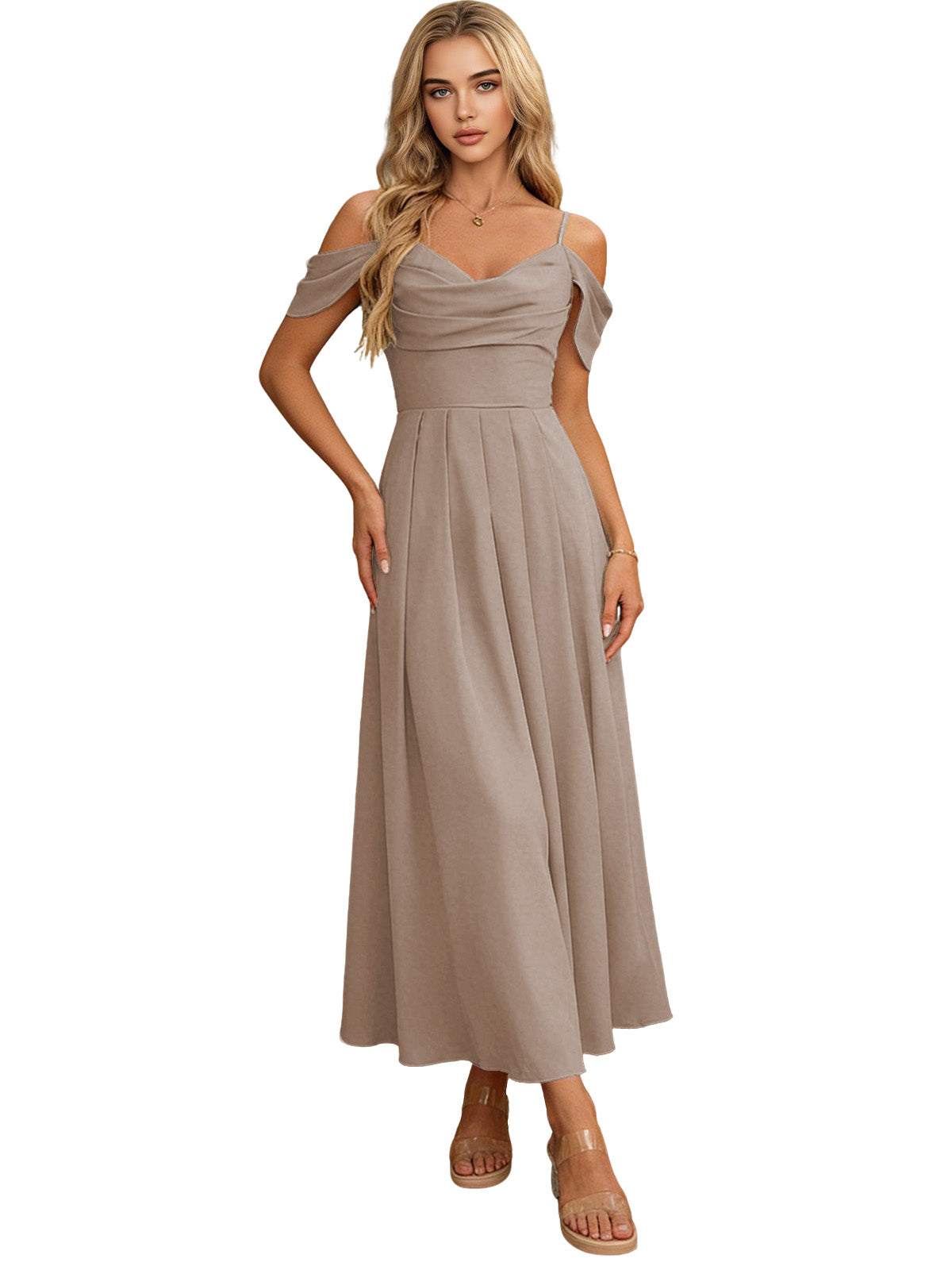 Off Shoulder Midi Bridesmaid Dress with Pleated Bodice and Flowing dress