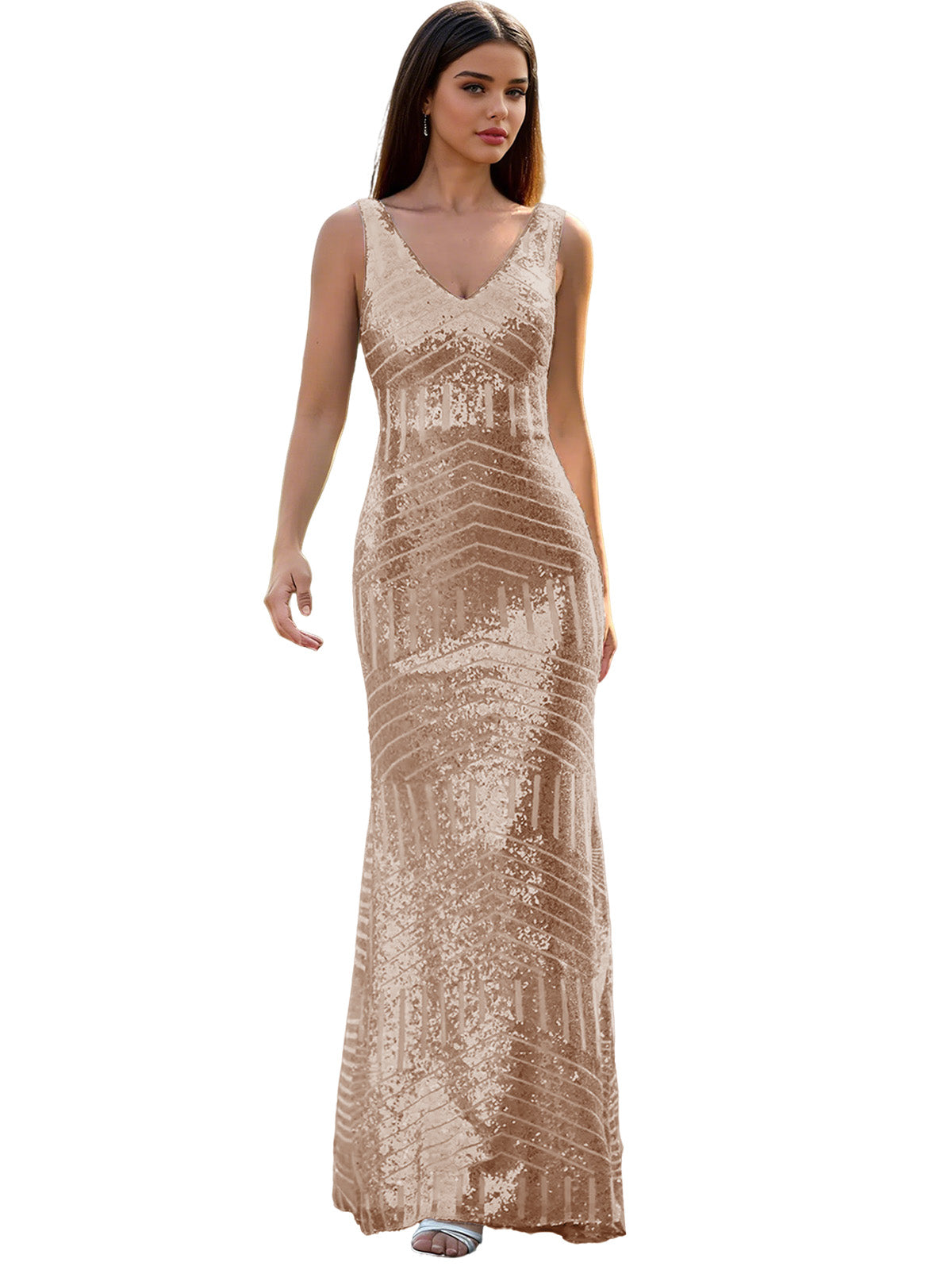 V-Neck Sequin Column Prom Dress with Beaded Waist and Low Back