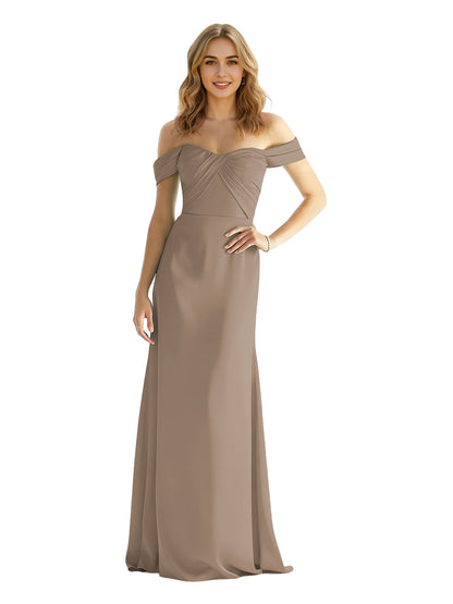 Sweetheart Off Shoulder Satin Bridesmaid Dress with Wrapped Bodice