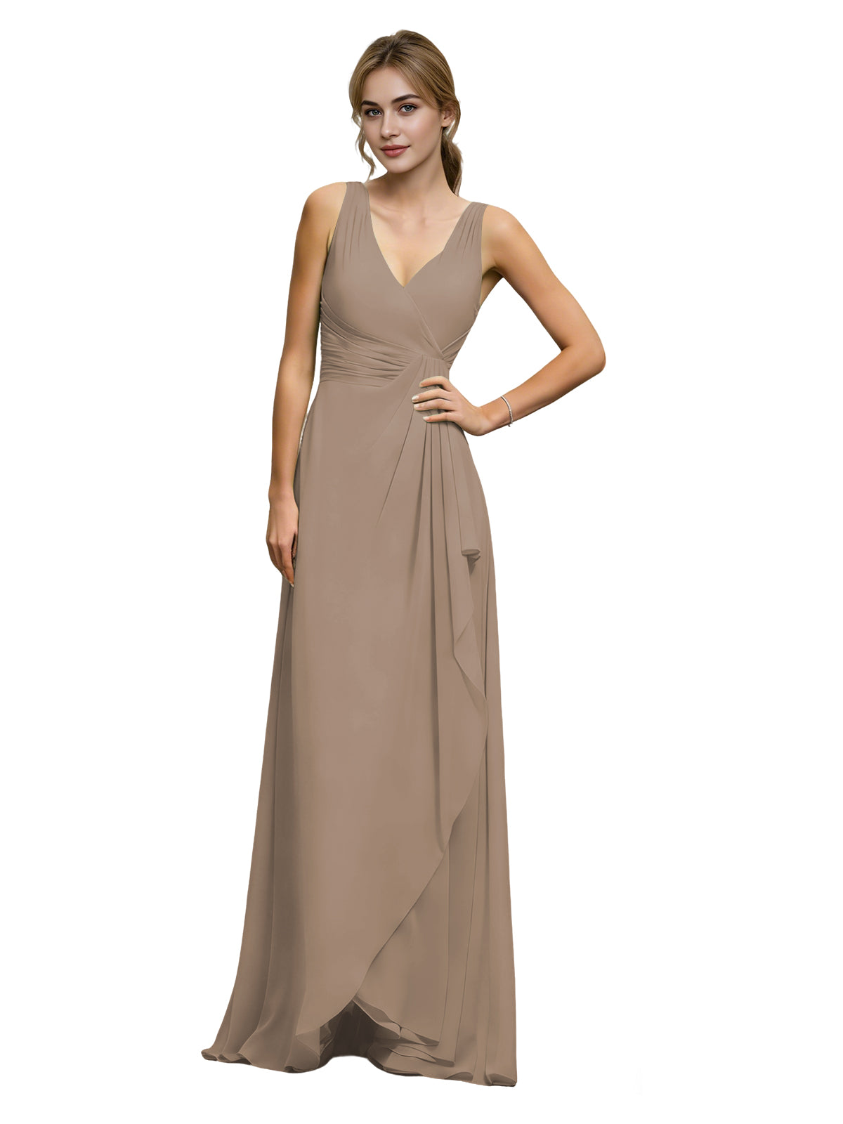 Halter V-Neck Chiffon Bridesmaid Dress with Draped Sash Waist