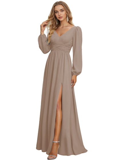 Long Sleeve V-Neck Chiffon Bridesmaid Dress with Front Slit