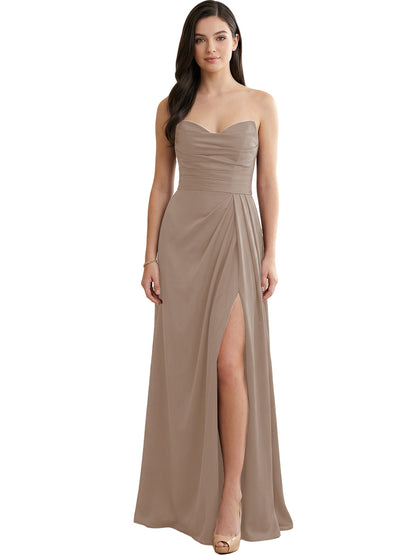 Strapless Pleated Satin Bridesmaid Dress with Side Slit