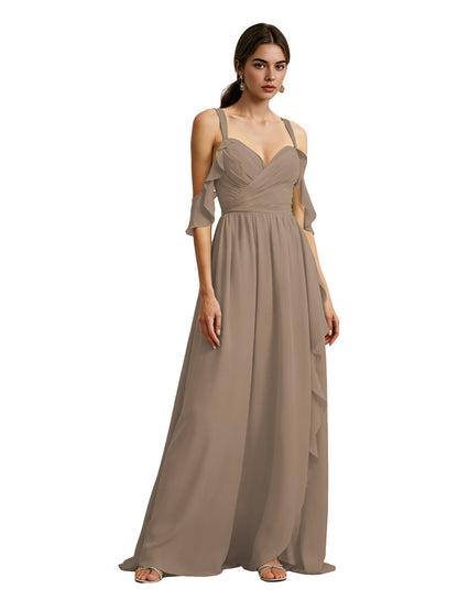 Cold Shoulder Chiffon Bridesmaid Dress with Draped V-Neck Bodice