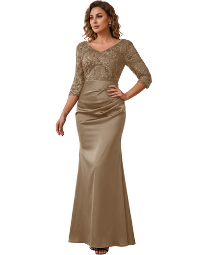 Mother of the Bride Dress Long Lace Mermaid Formal Gown with 3/4 Sleeves