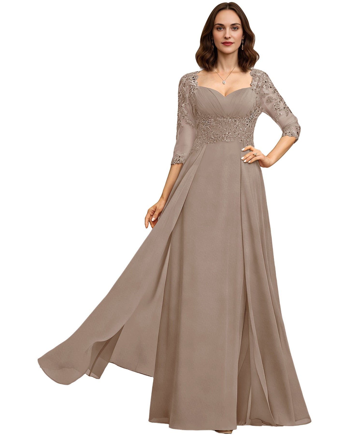 Long Sweetheart Mother of the Bride Dress Lace 3/4 Sleeve Chiffon A-Line Gown