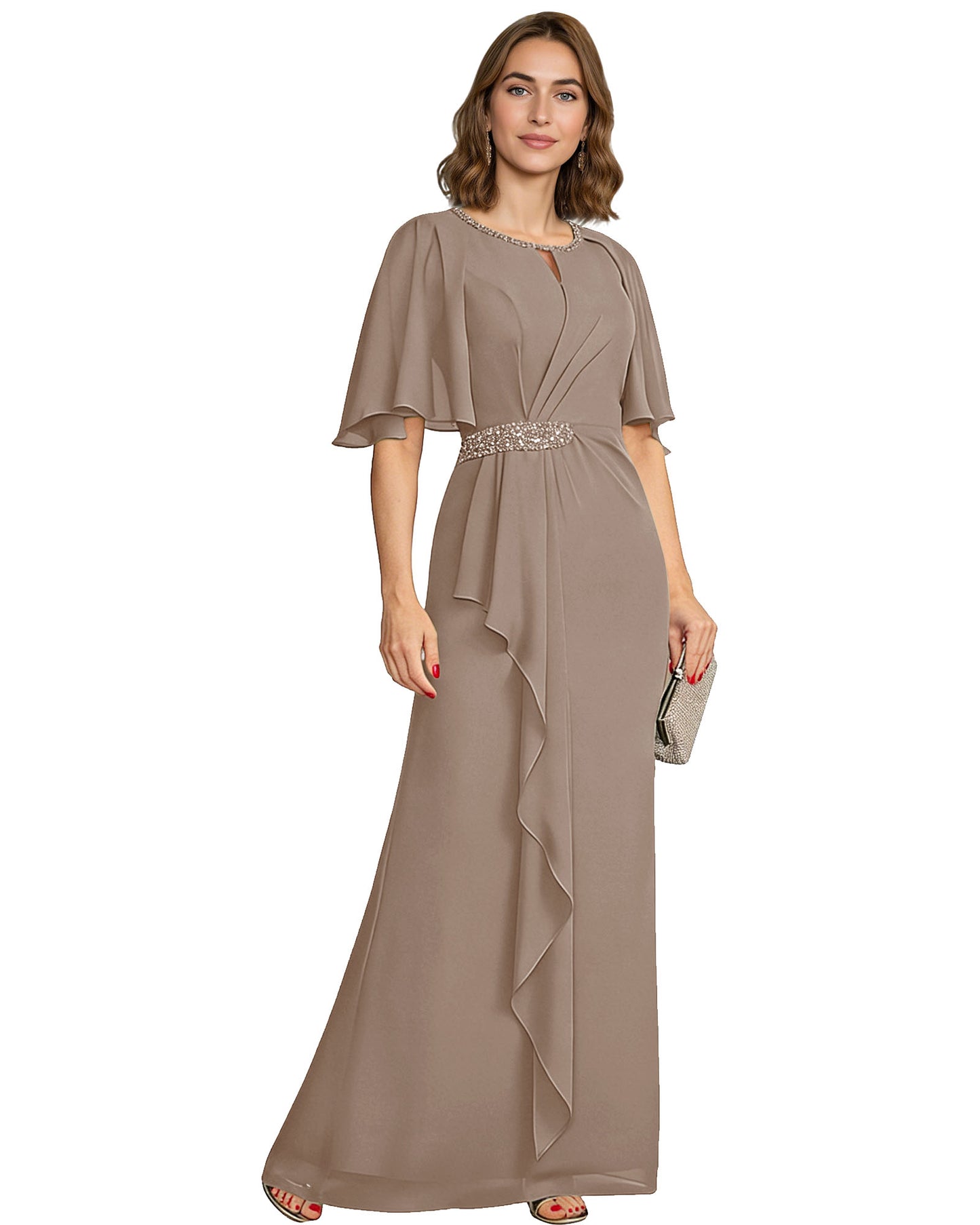 Long Mother of the Bride Dress Chiffon Flutter Sleeve Beaded Waist Formal A-Line Gown