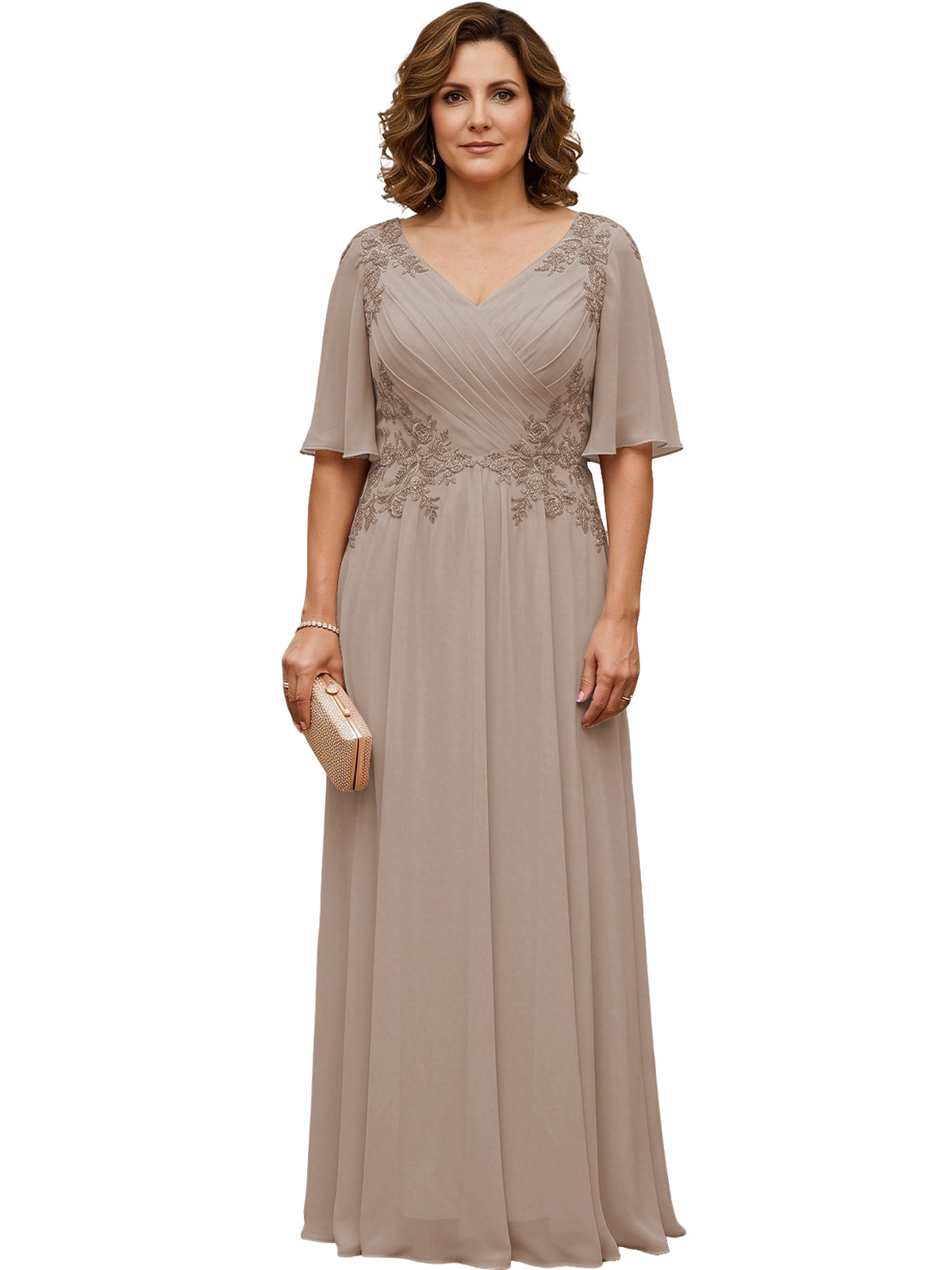 Mother of the Bride Dress Long Chiffon A-Line Gown with Flutter Sleeves and Beaded Lace
