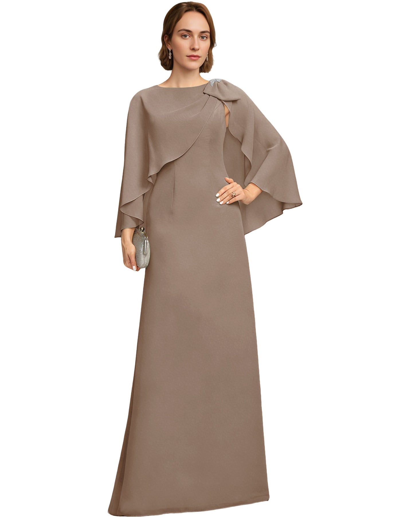 Long Cape Sleeve Mother of the Bride Dress Jewel Neck Chiffon Column Gown with Bow Detail