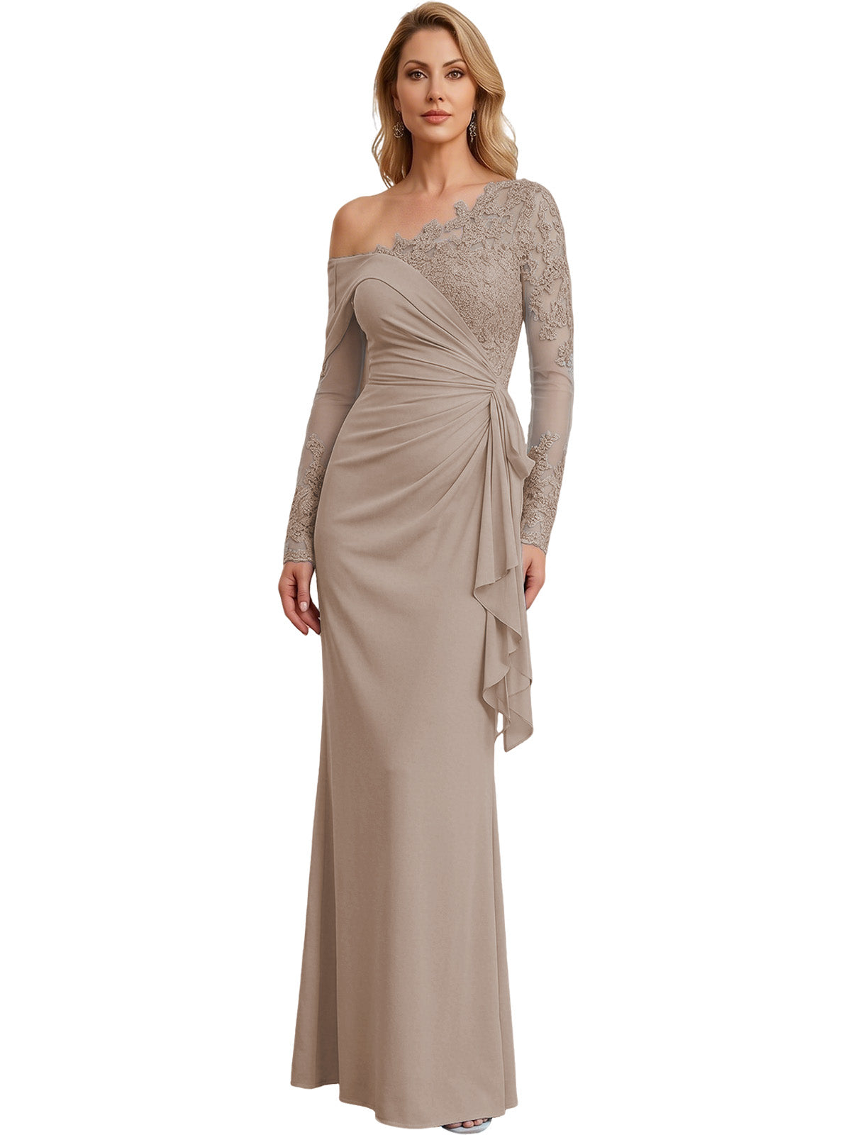 One Shoulder Mother of the Bride Gown Long Lace Sleeve Mermaid Dress with Draped Ruffle
