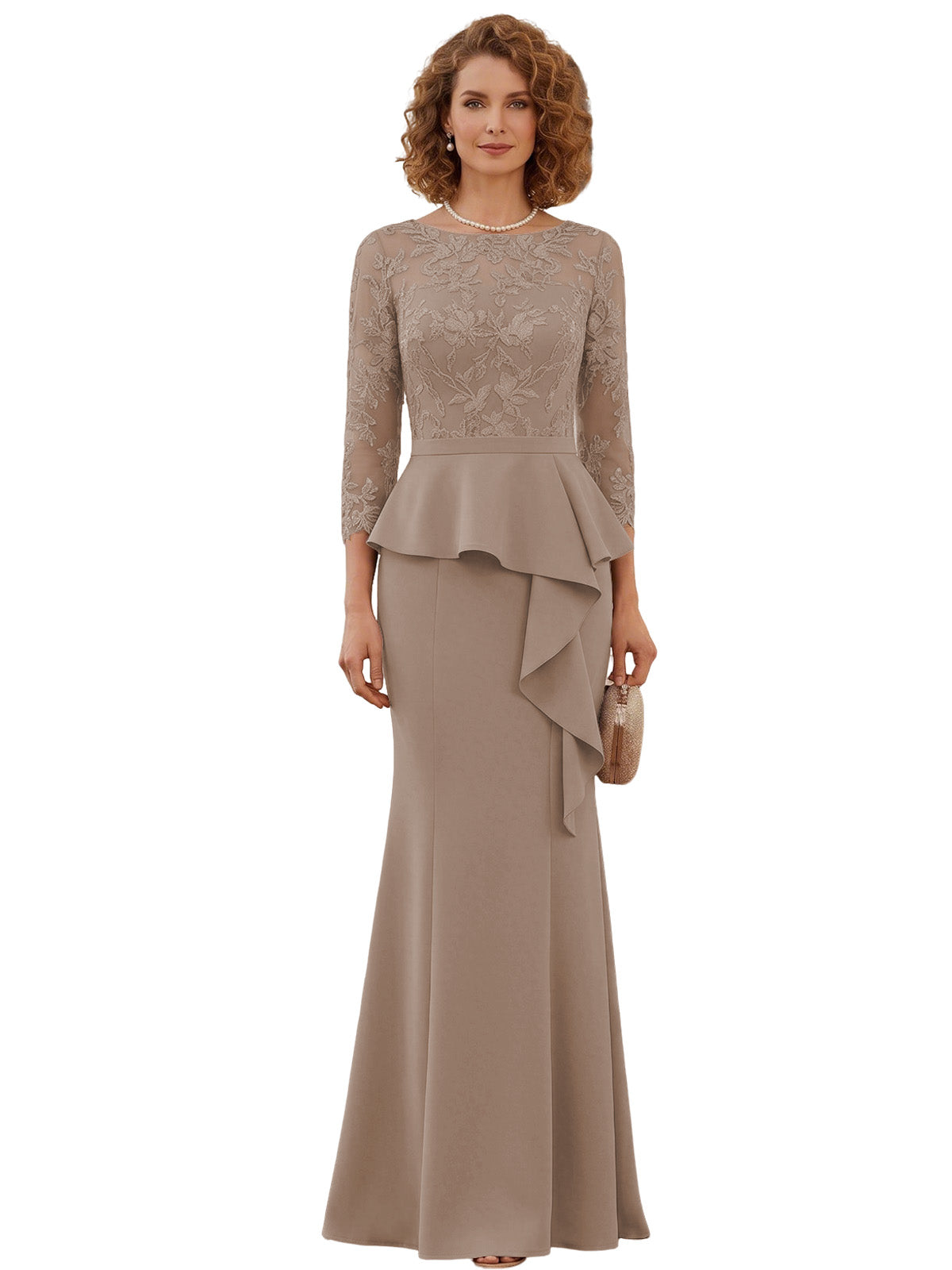 Long Mother of the Bride Dress Lace Illusion Bodice Peplum Mermaid Formal Evening Gown