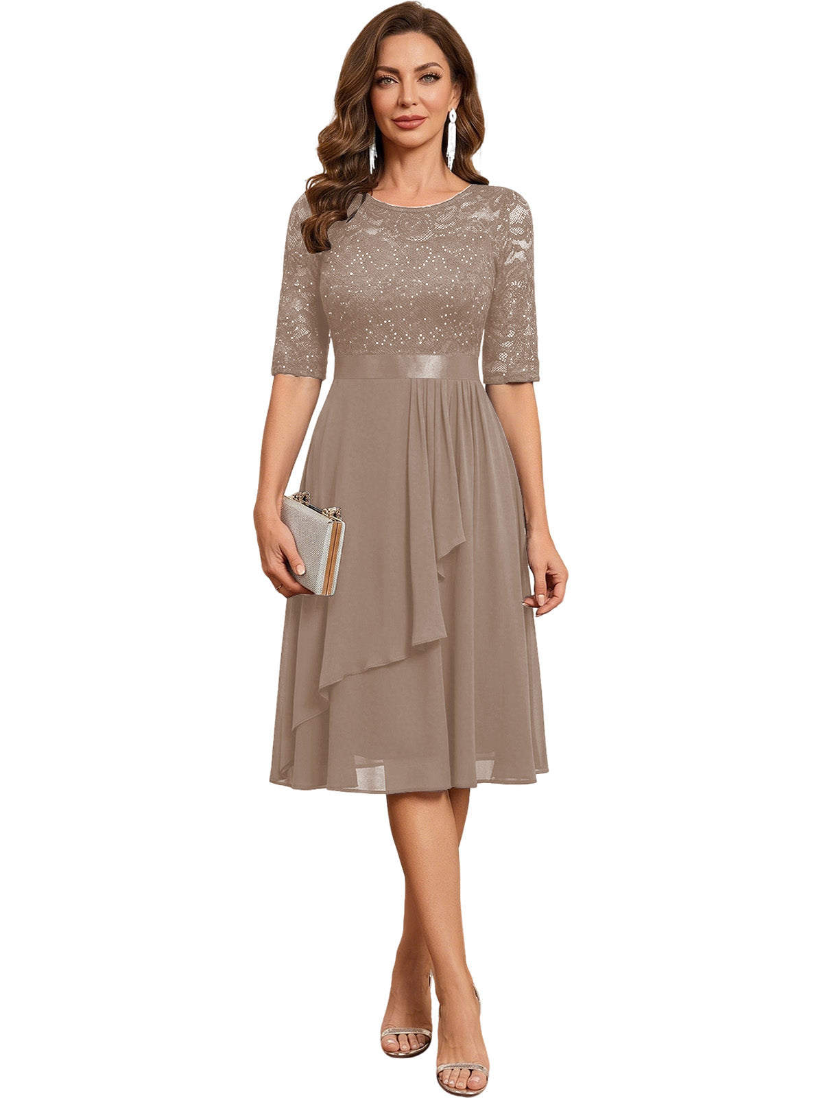 Knee Length Mother of the Bride Dress Sequined Lace Bodice Chiffon Skirt Formal Guest Outfit