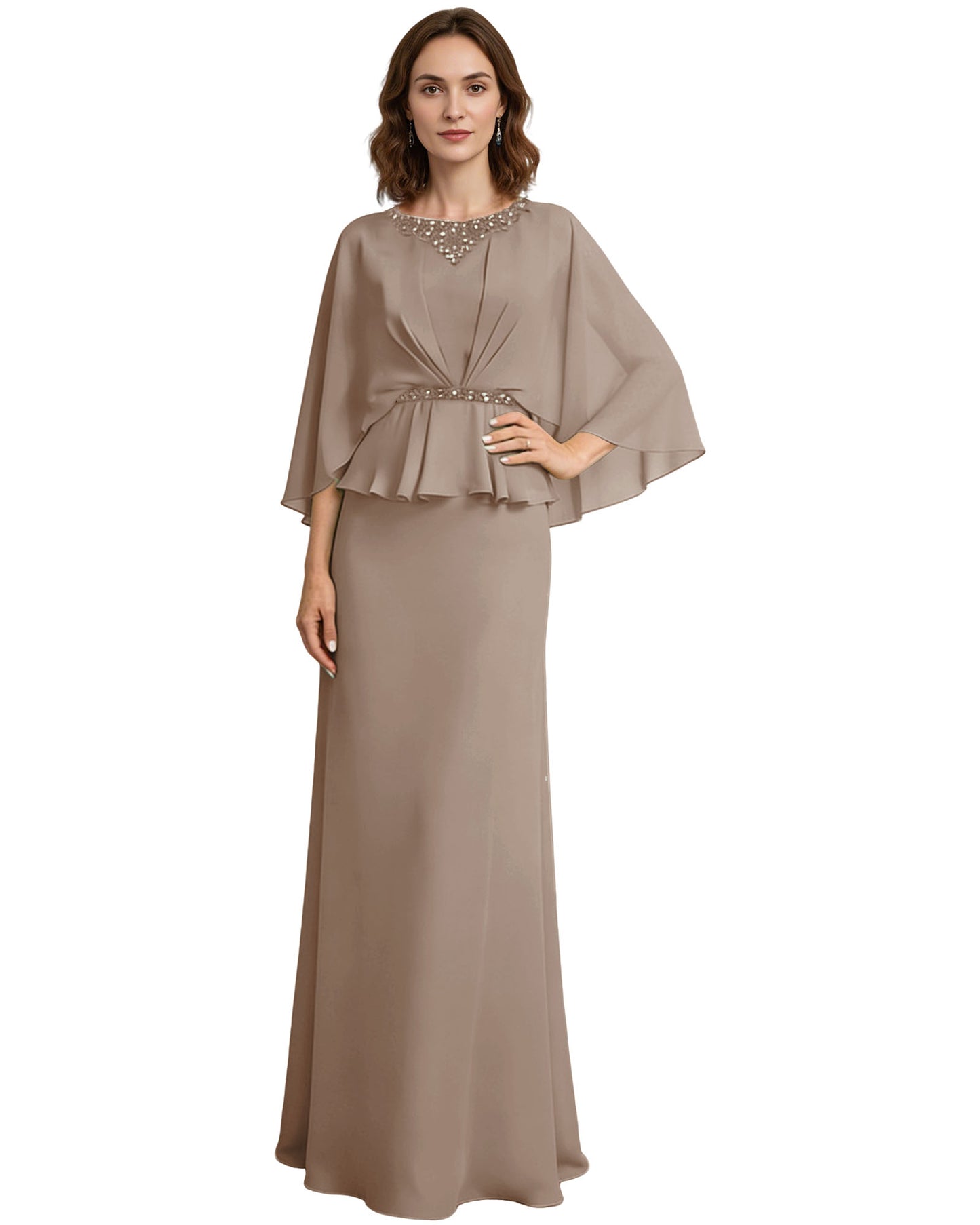 Capelet Mother of the Bride Dress Long Beaded Neck Peplum Chiffon Formal Gown